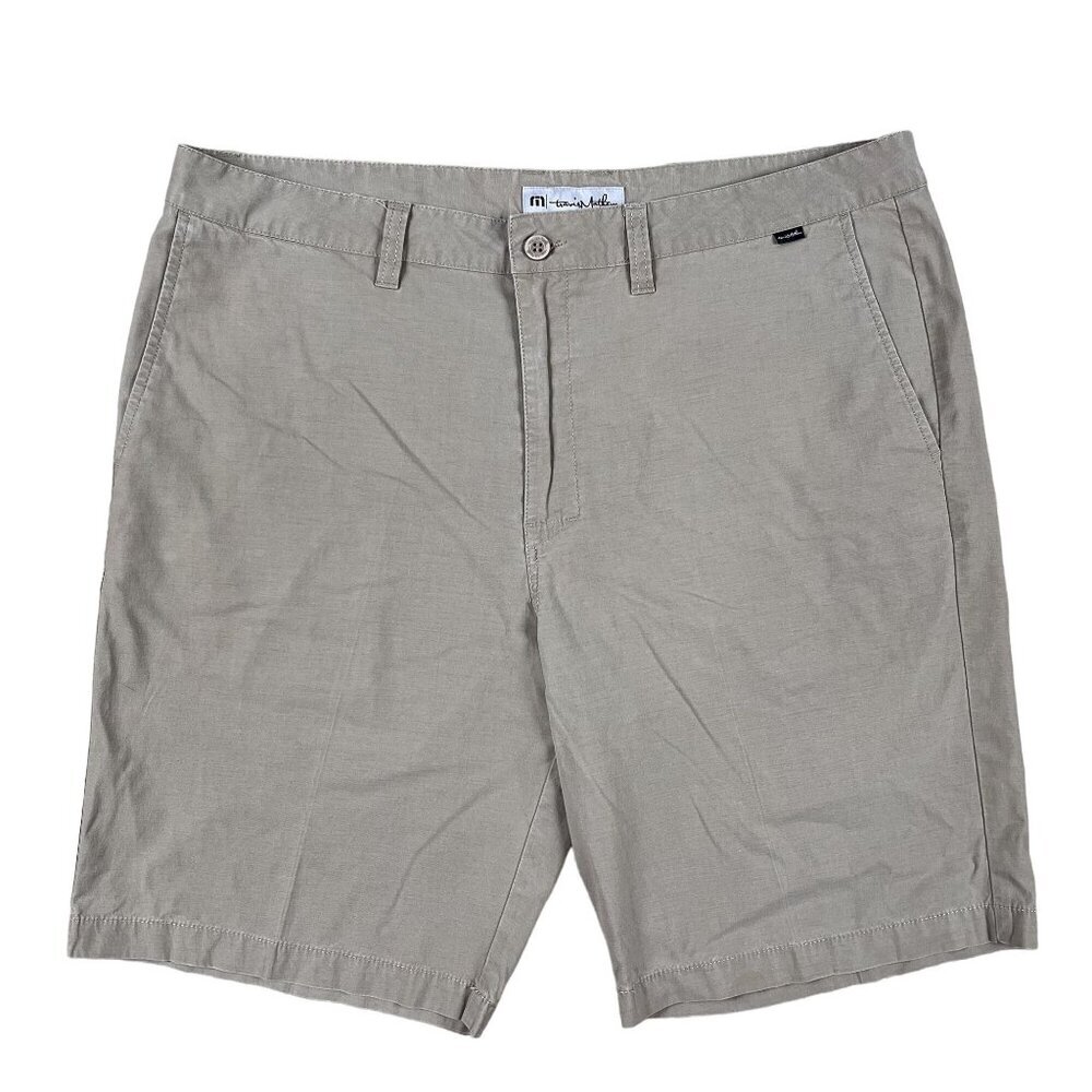 TravisMathew Shorts Mens 38 Tan Khaki Beck Flat Front Golf Stretch Tencel Blend